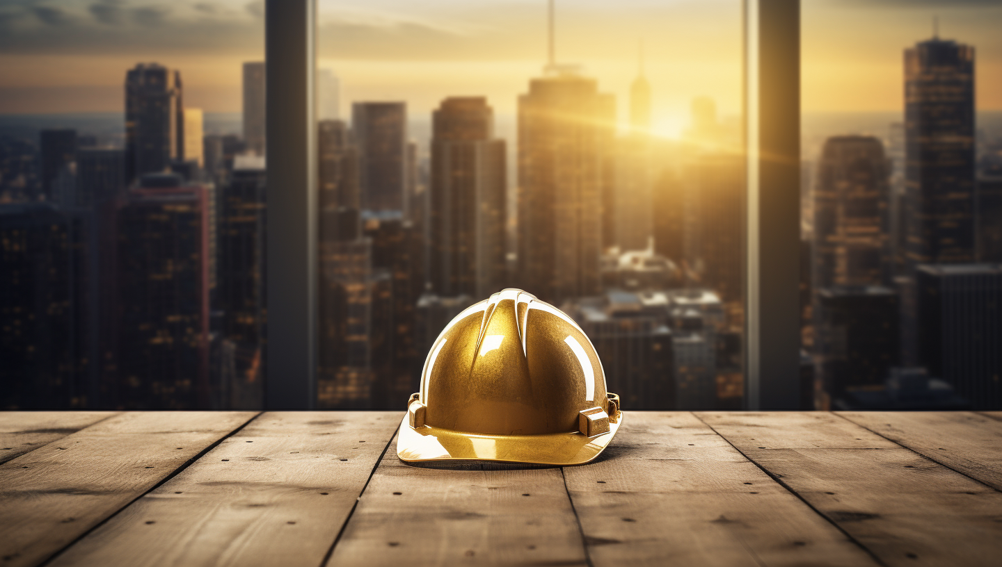 Gold hard hat overlooking skyscrapers