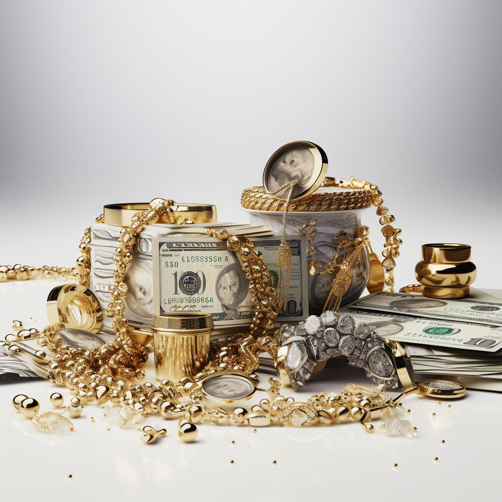 Gold jewelry and dollars on table