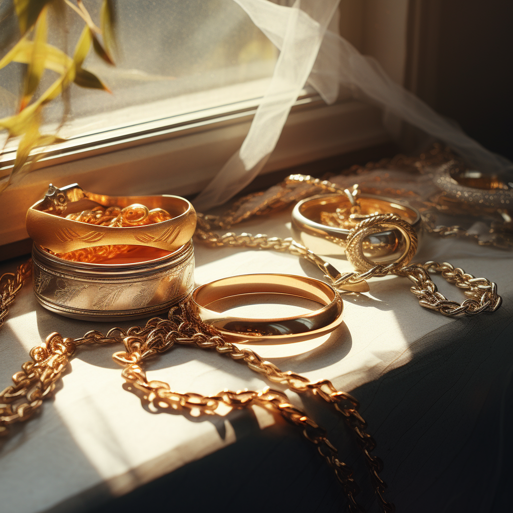 Gold jewelry on windowsill