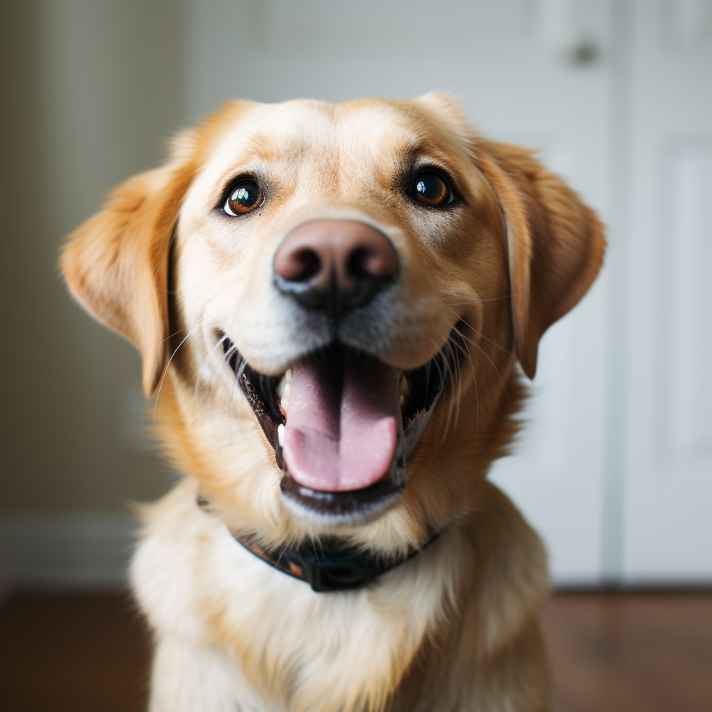 Smiling gold Labrador retriever in natural light