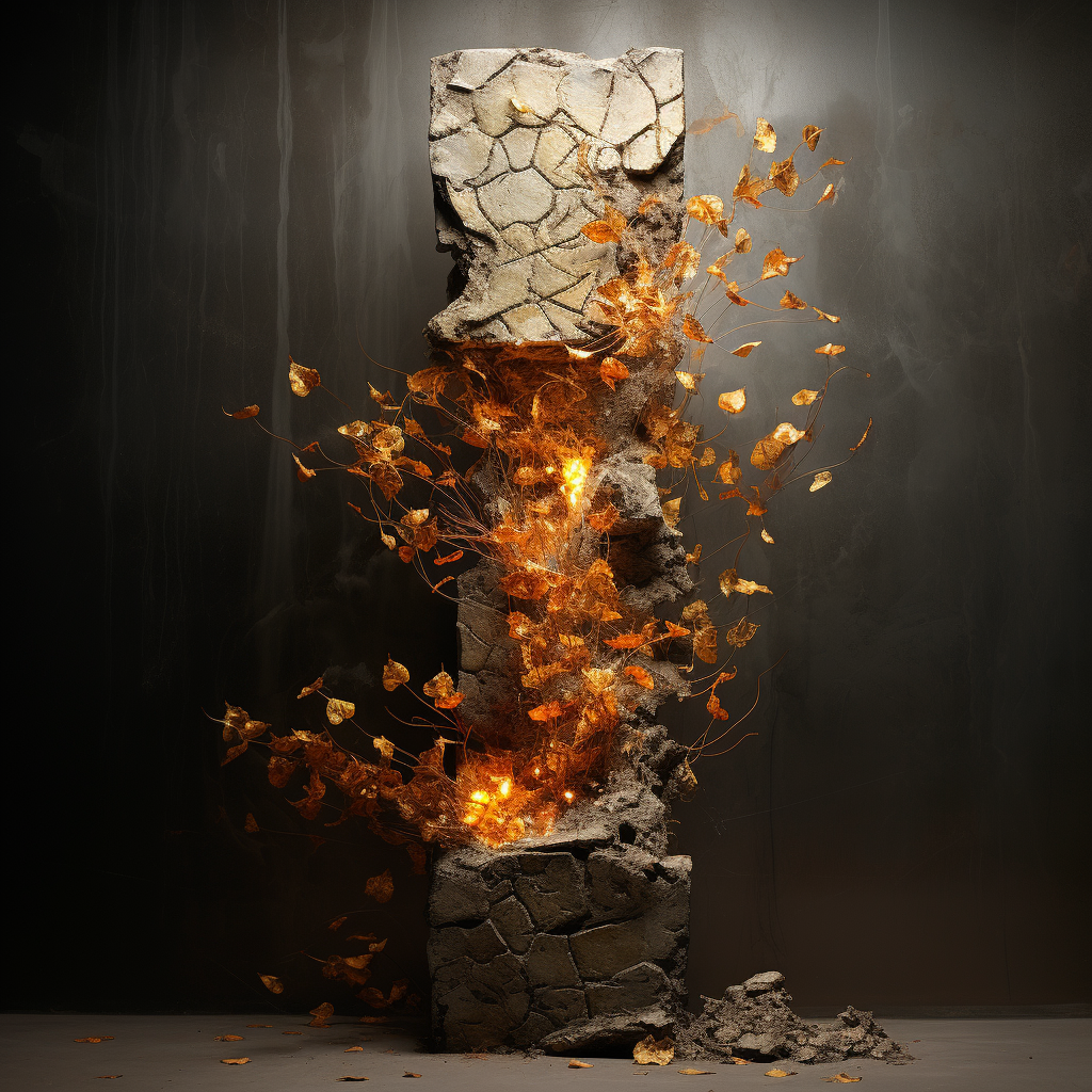 Gold leaves rising from concrete column with fire