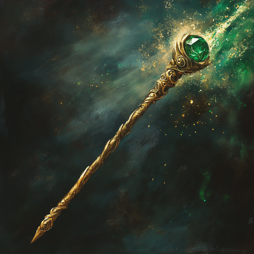 gold magical wand with emerald swings in painting.