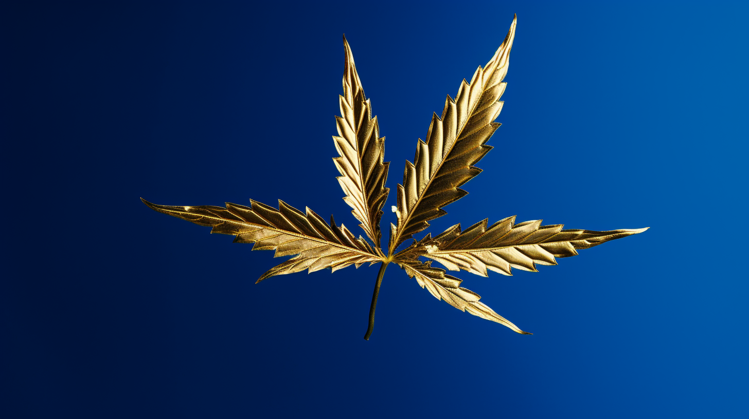 Gold marijuana leaf on blue background