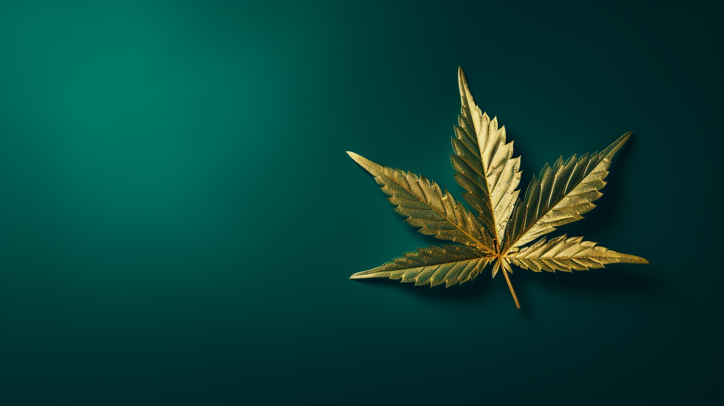 Gold marijuana leaf on emerald background