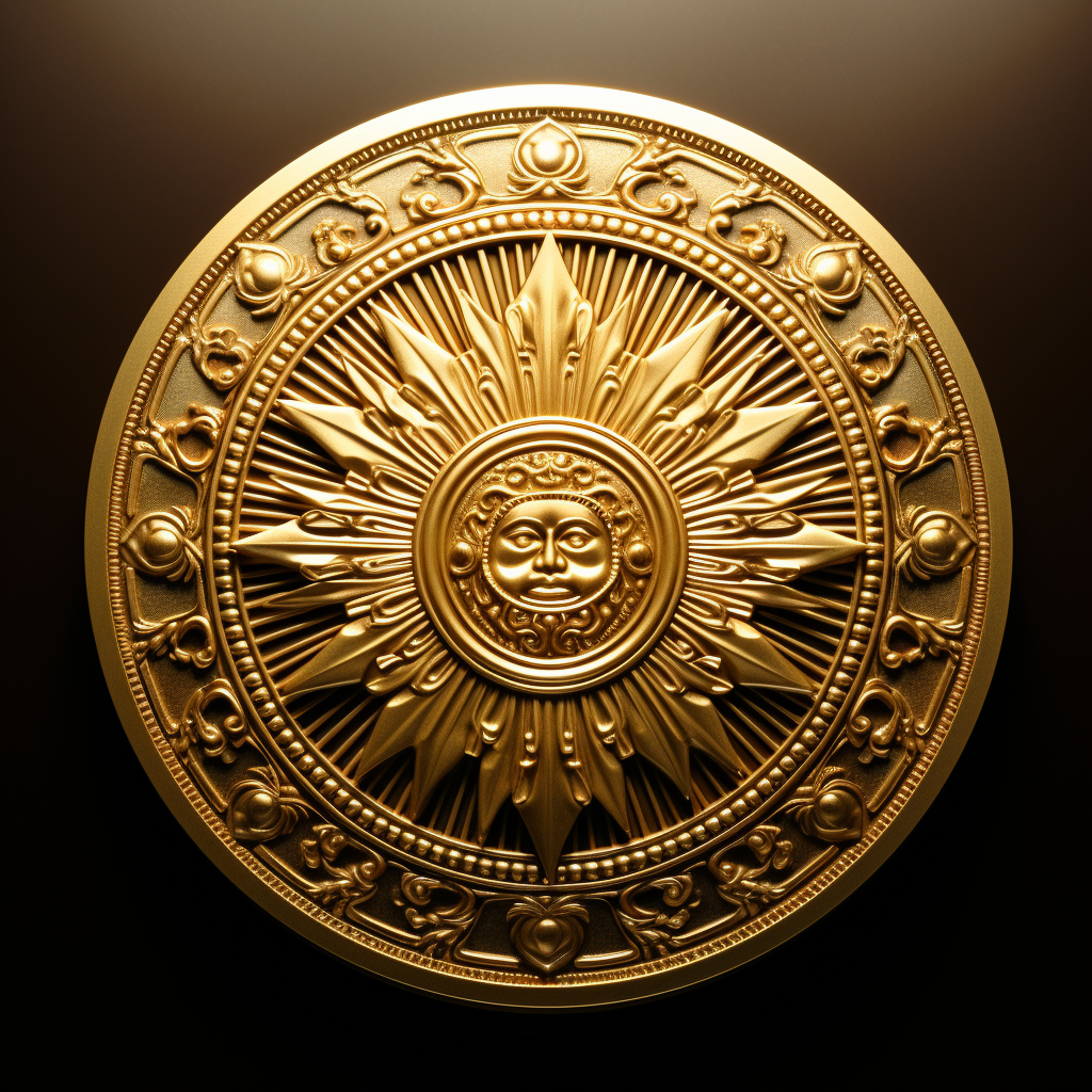 Shiny gold medallion with sun symbol