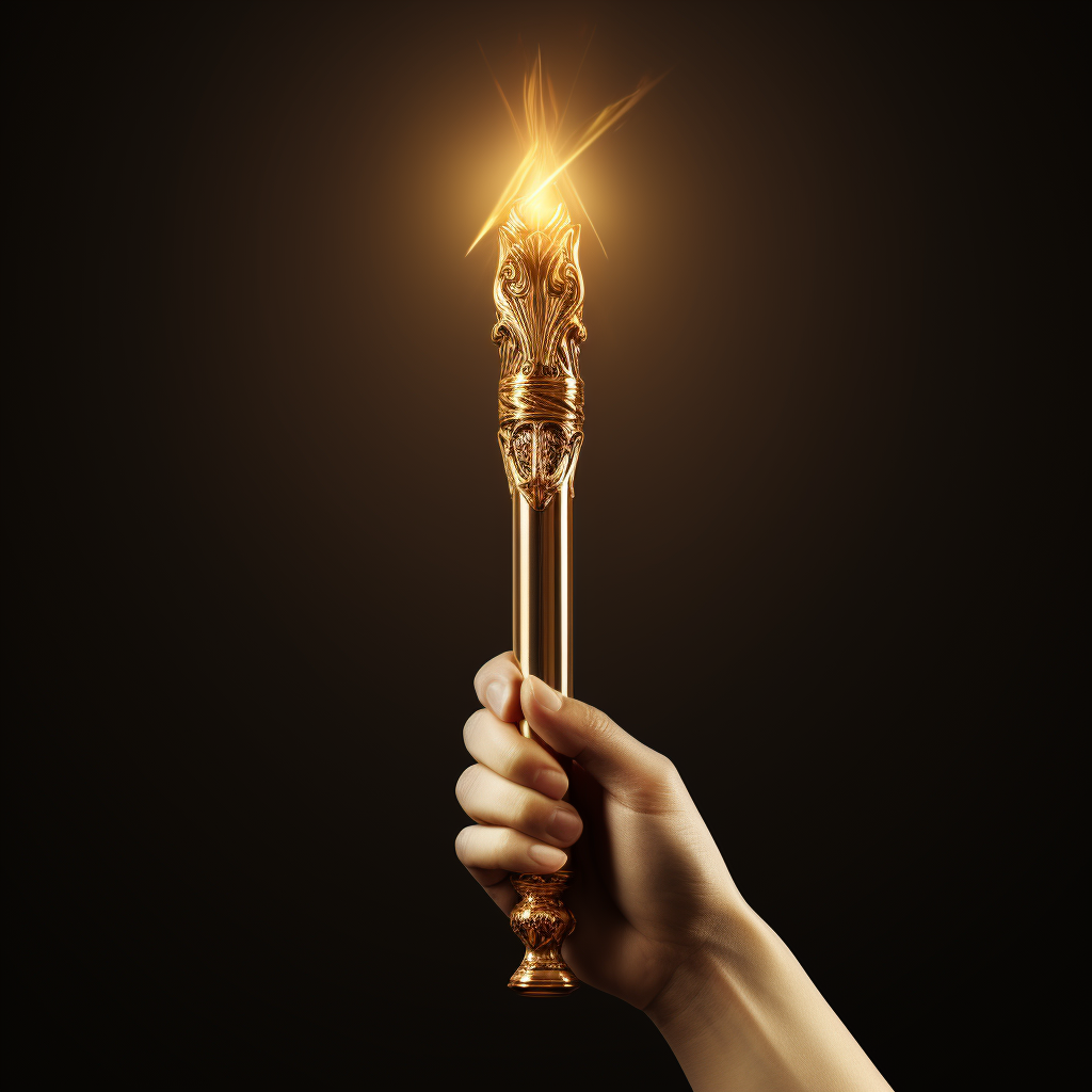 A hand holding a gold metallic art deco torch