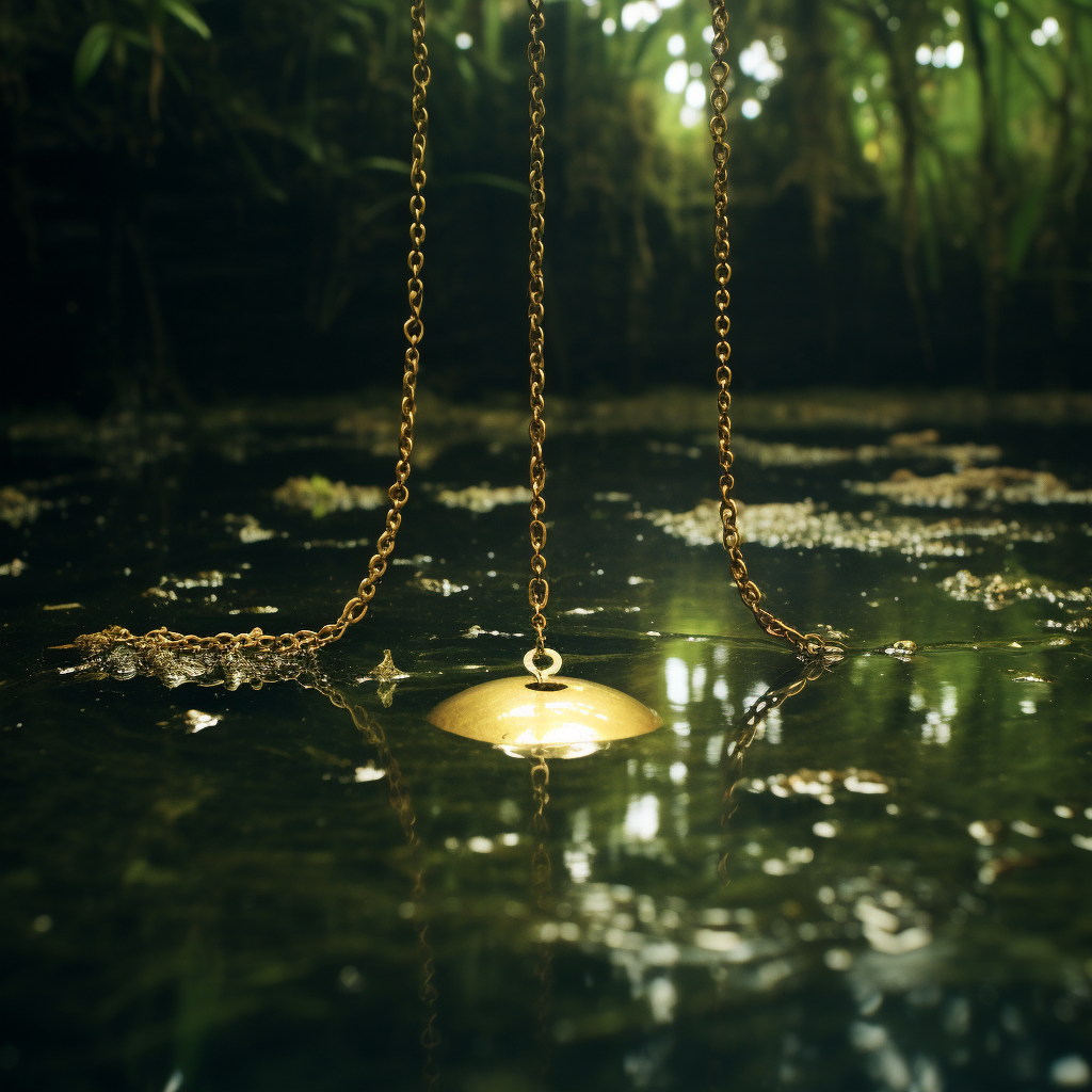 Glimmering gold necklace submerged in lake's depths