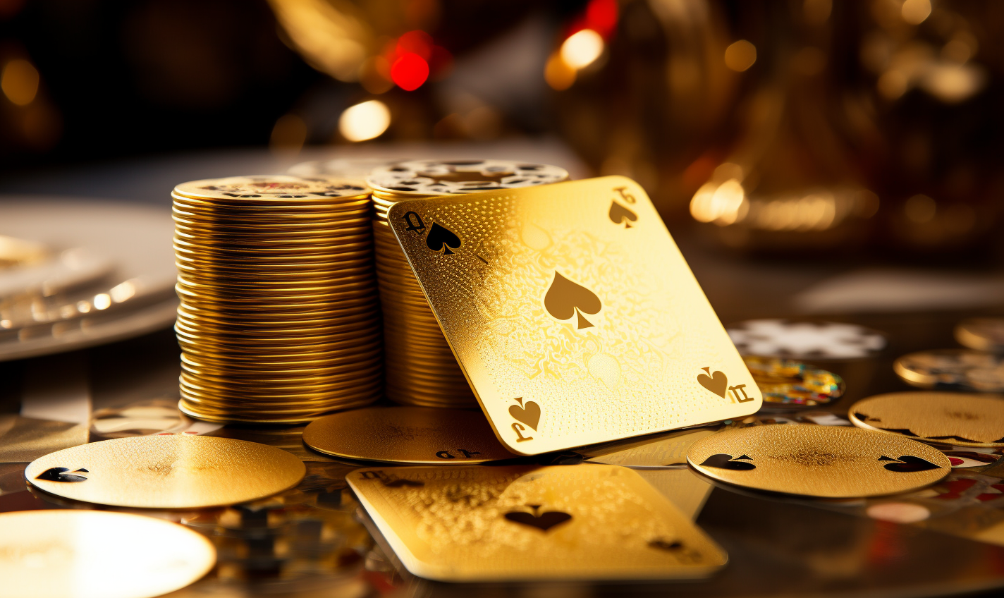 Golden poker chips on a table