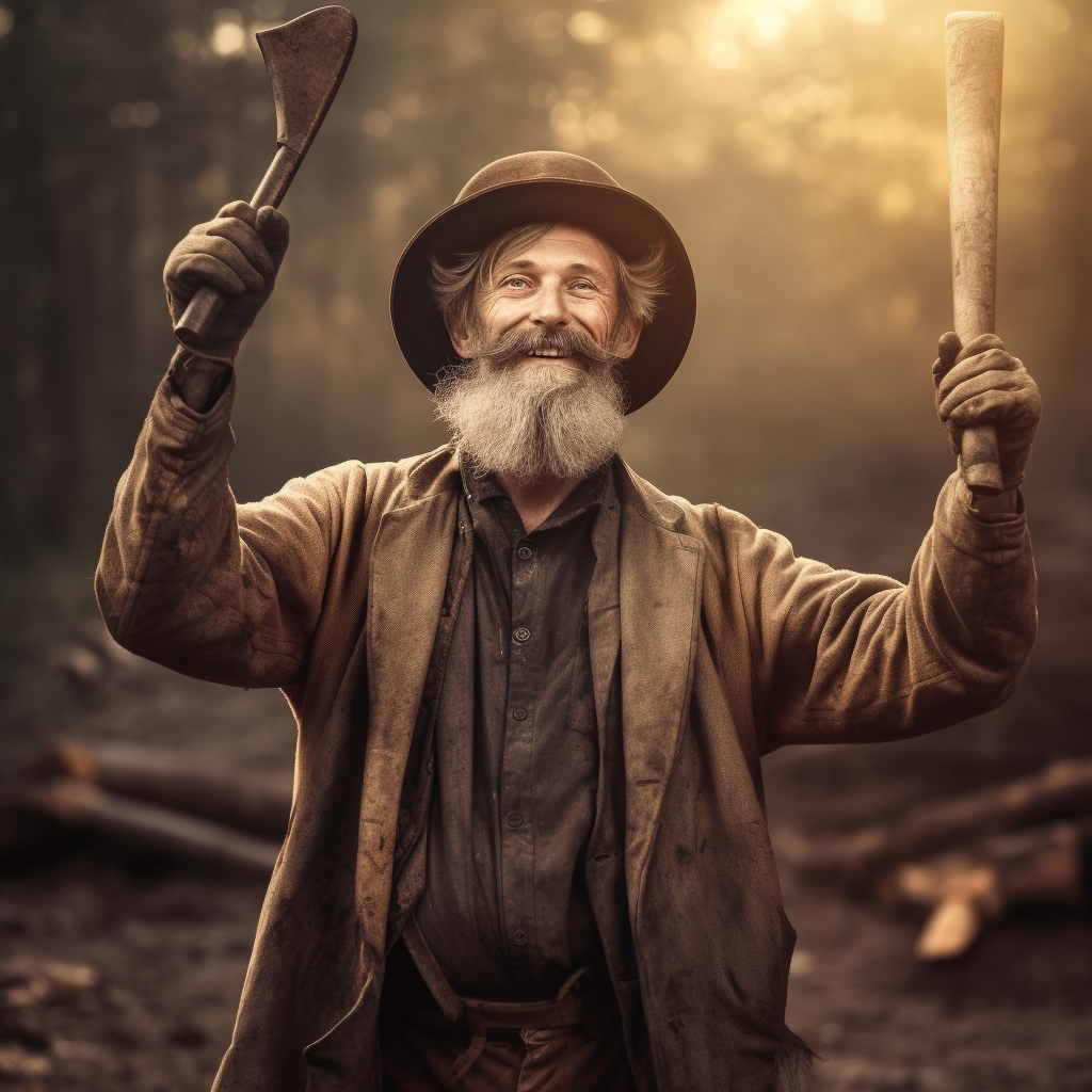 Gold prospector with raised hands and pick axe