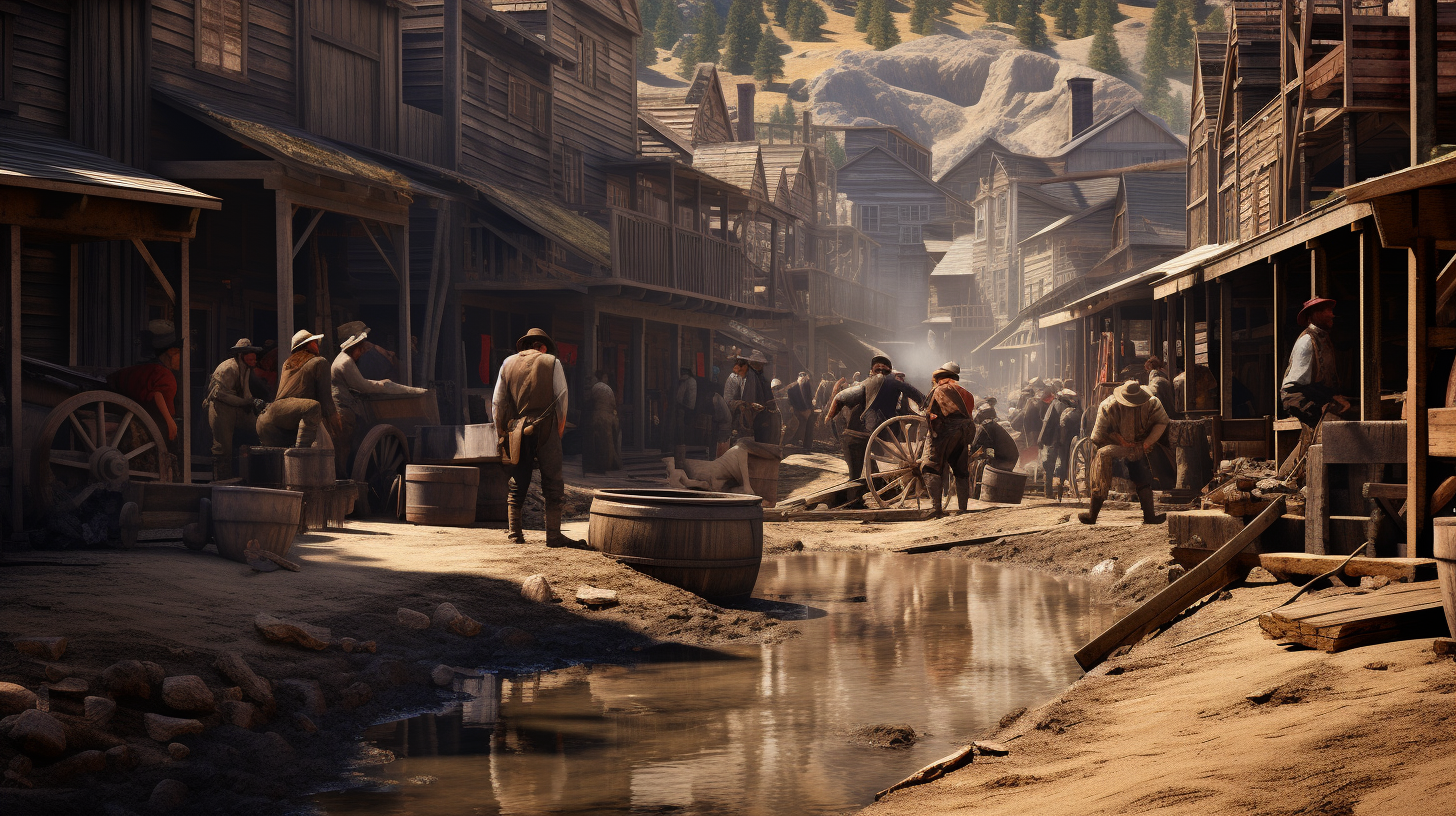 Miners panning for gold in a bustling California Gold Rush town