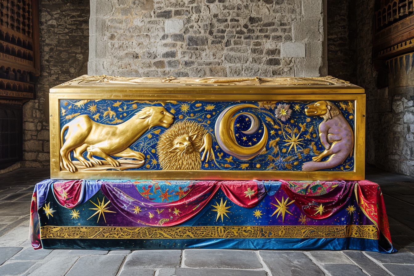 Gold sarcophagus with moon, stars, lions, dragons in castle courtyard