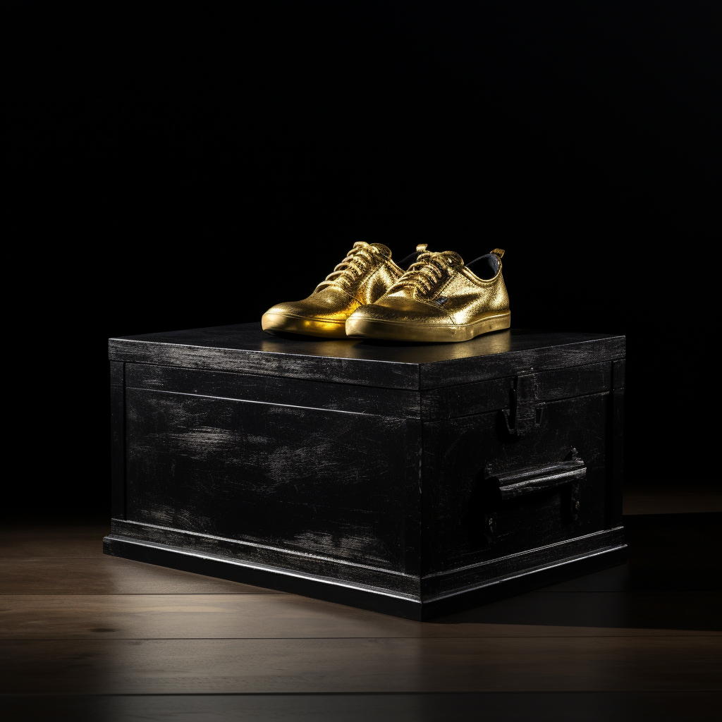 Elegant gold shoe box in black room