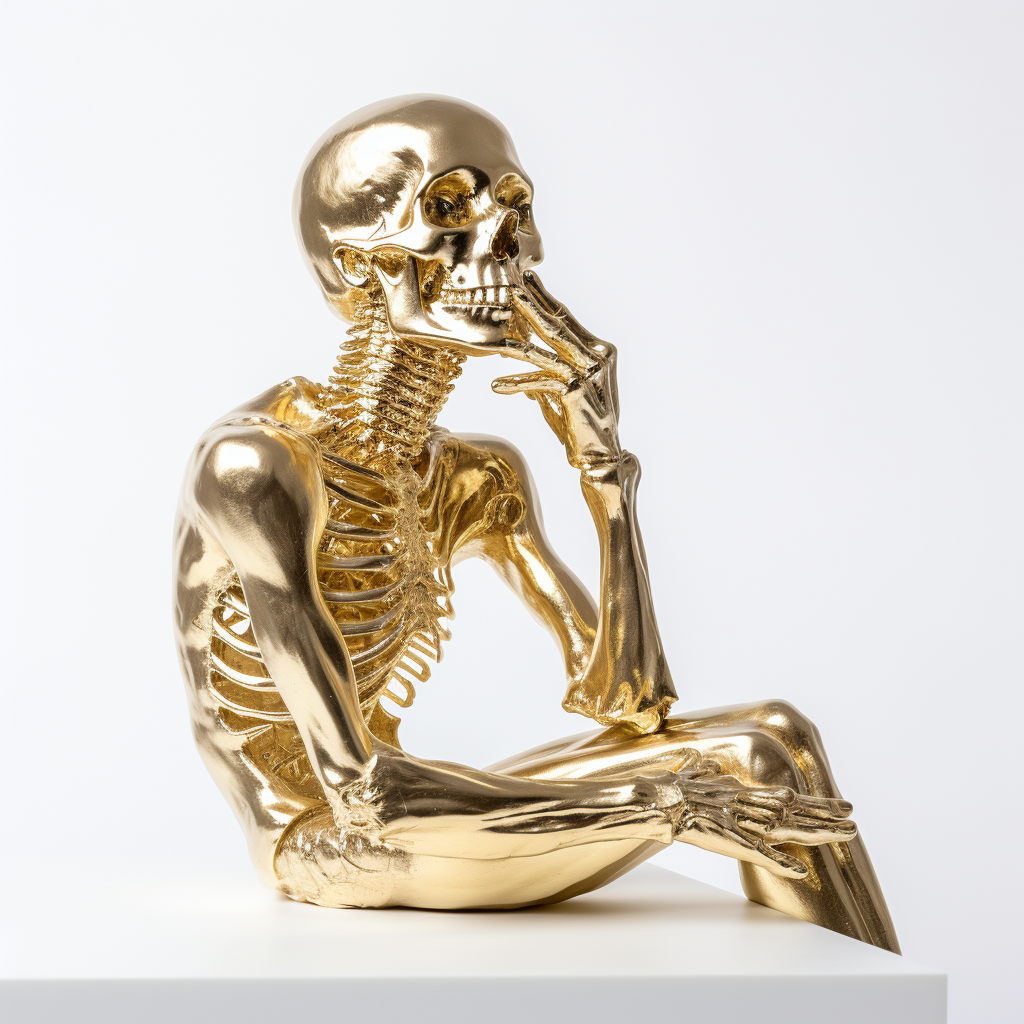 Gold skeleton asking question on white background