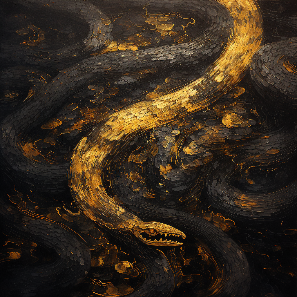 Golden snake sliding in black water