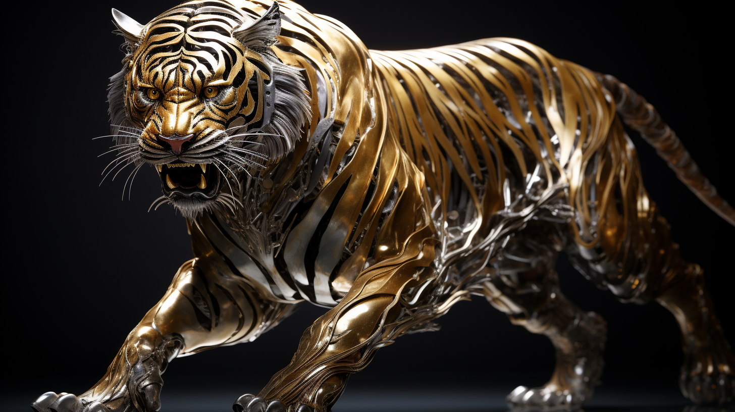 Gold Tiger Statue with Eyes Wide Open