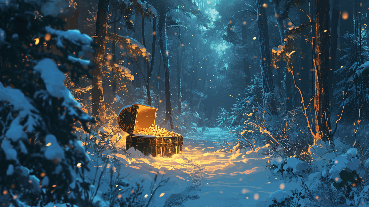 Golden treasure chests in a snowy forest at night