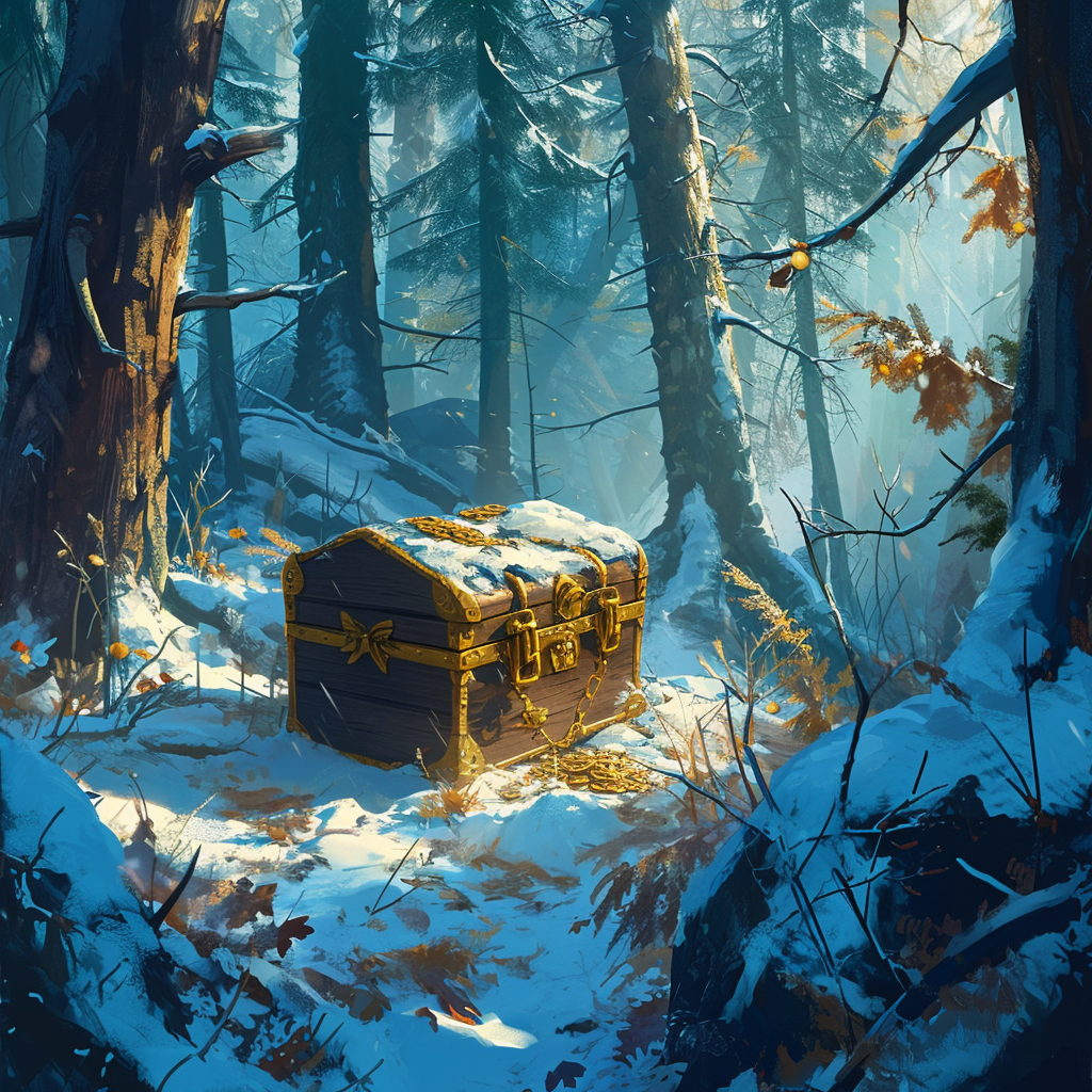 Gold treasure chests in snowy forest