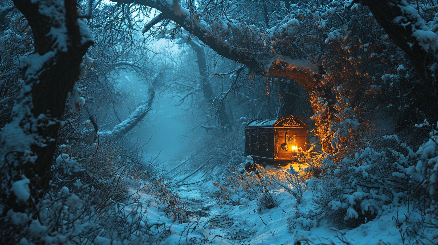 Gold treasure chests in snowy forest