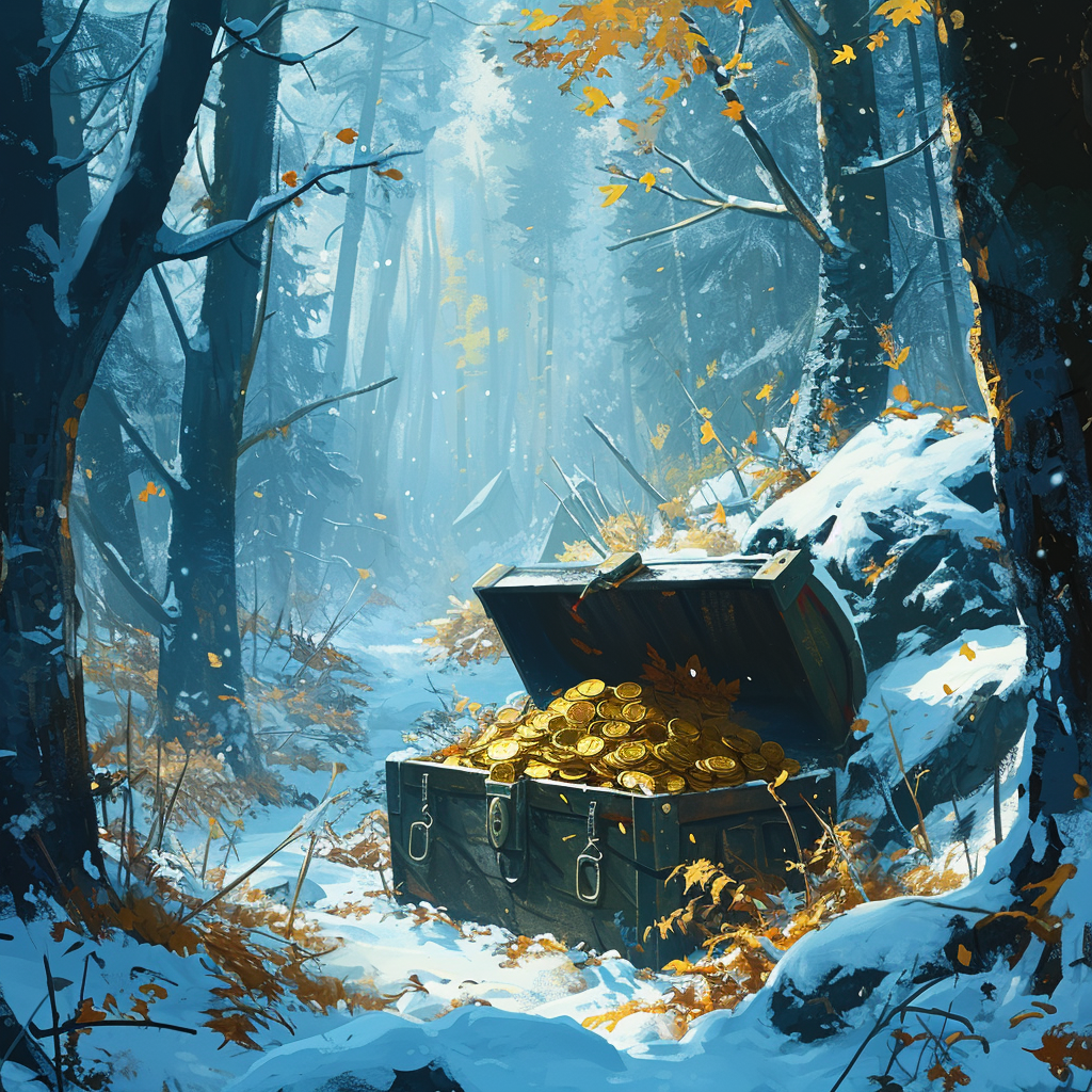 Snowy Forest with Shimmering Treasure Chests