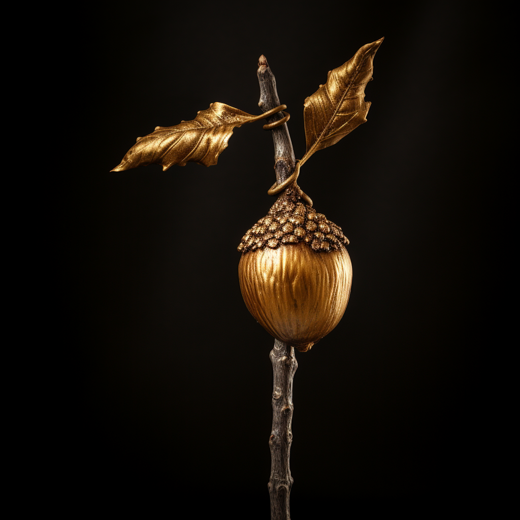 Shiny golden acorn hanging from a stick