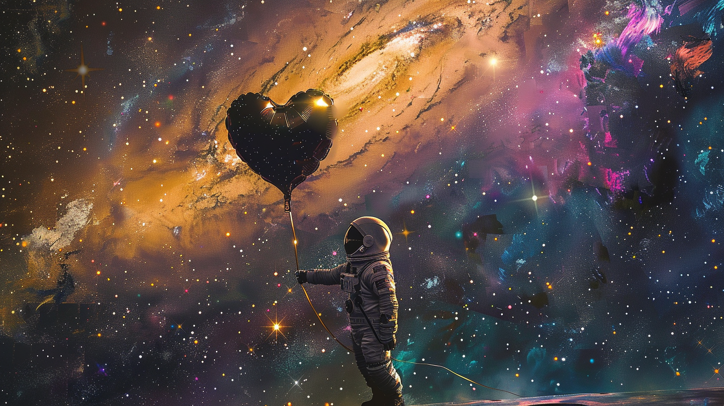 golden astronaut black heart balloon space