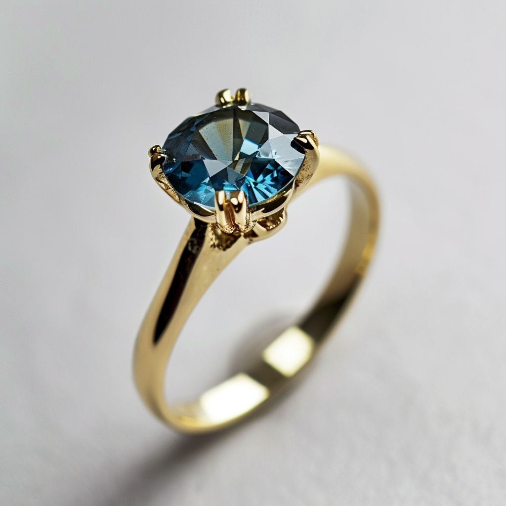 Stunning golden engagement ring with big blue diamond