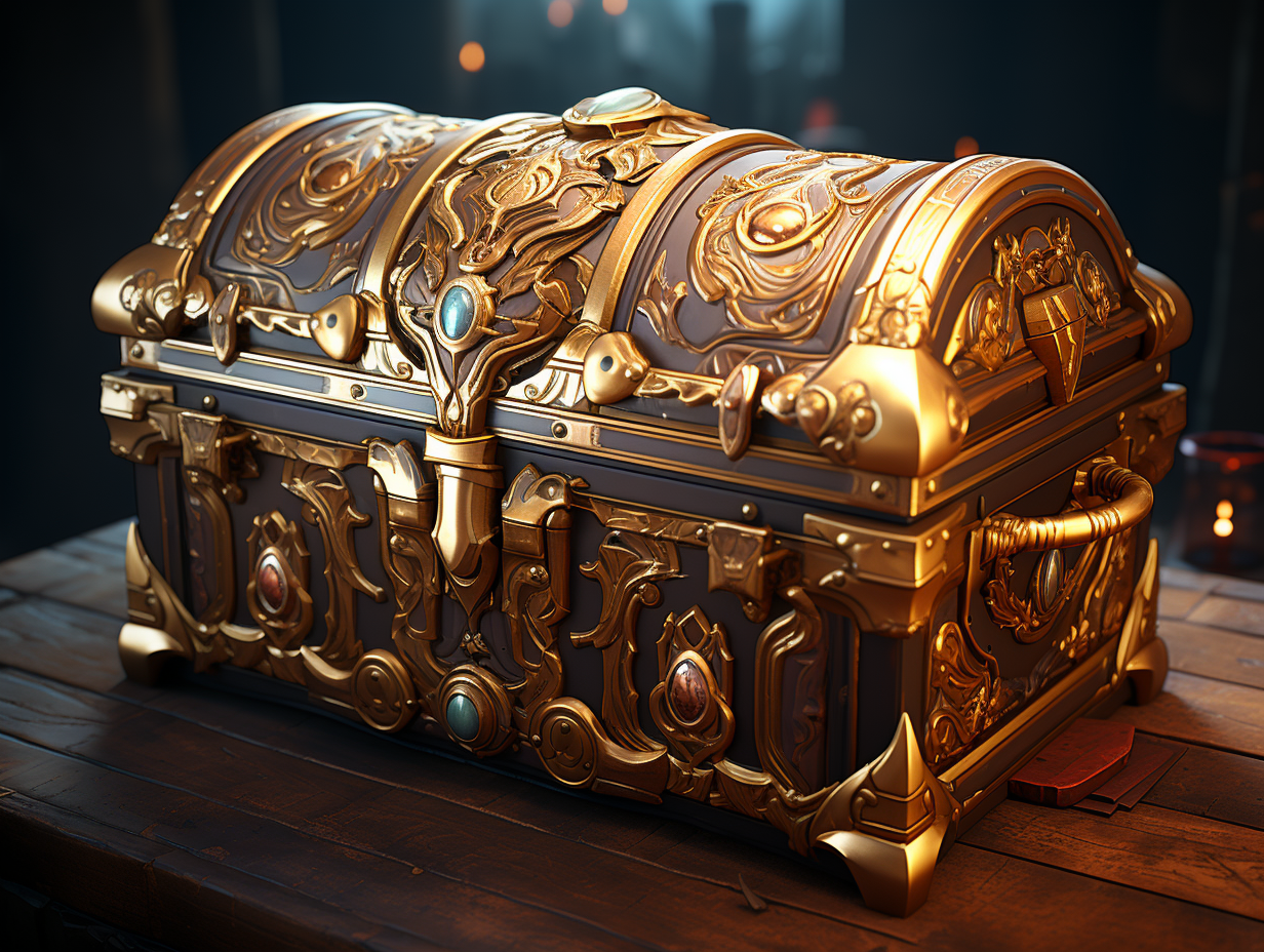 Illustration of an opened golden chest filled with treasures