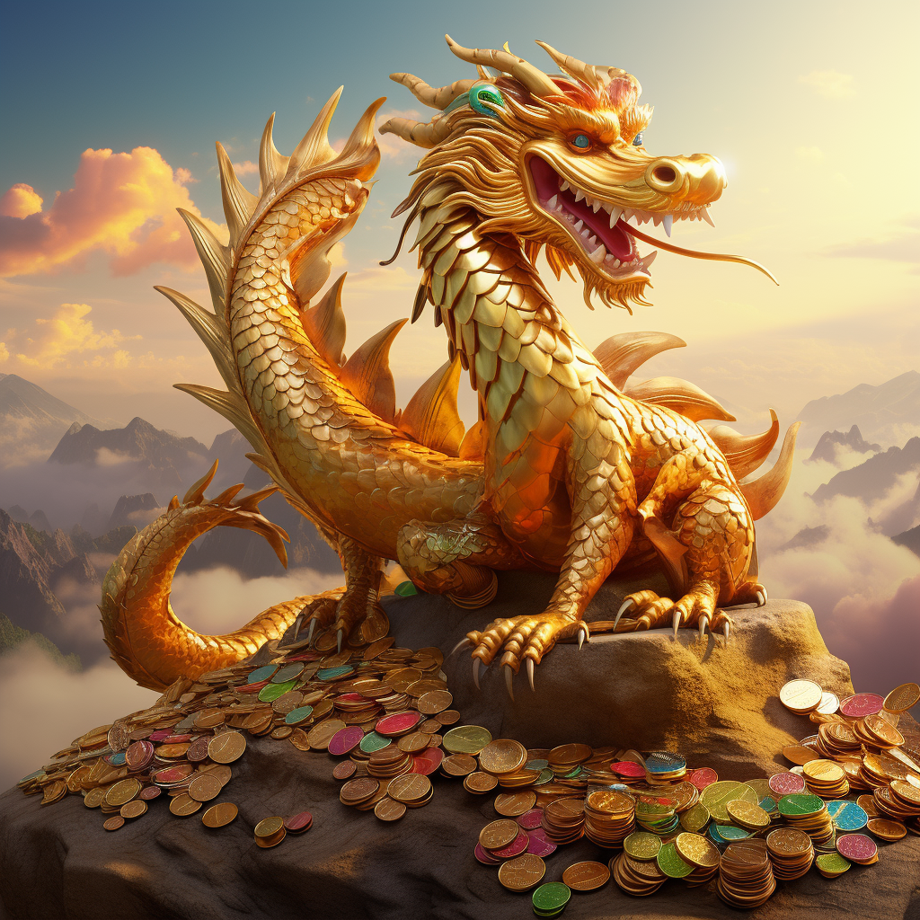 Detailed image of a majestic golden Chinese dragon resting on a mountain