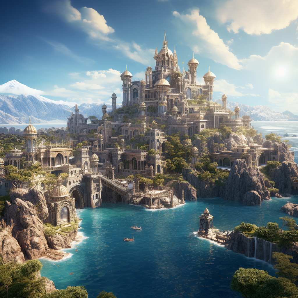 Golden city island mountain palace ocean