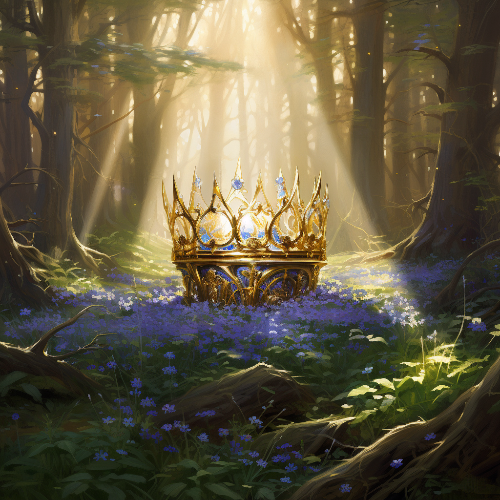 Beautiful golden crown in bluebell forest