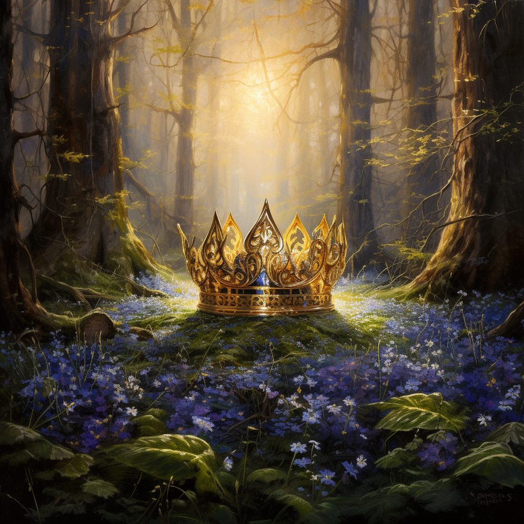 Beautiful golden crown in bluebell forest