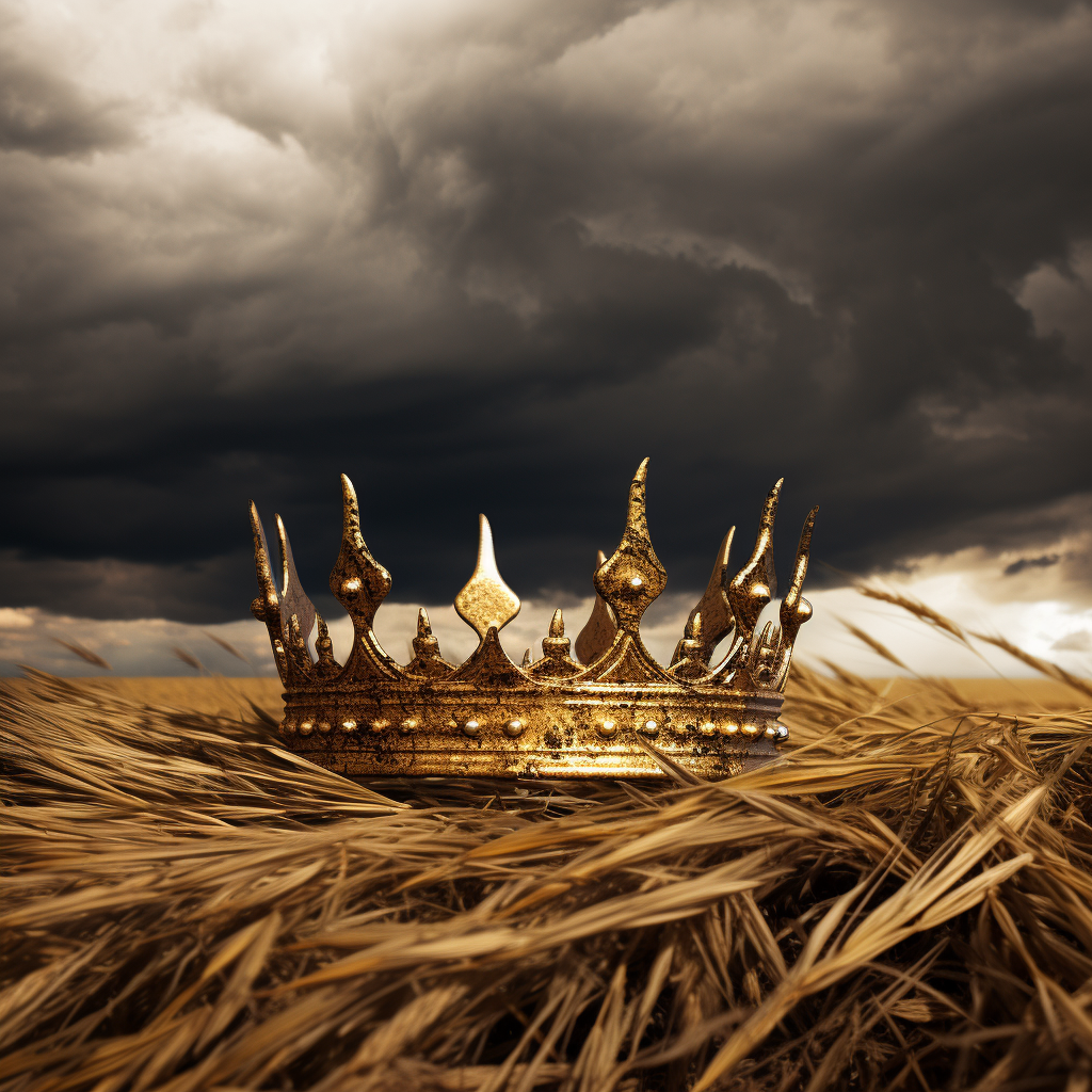 Golden crown in field during thunderstorm