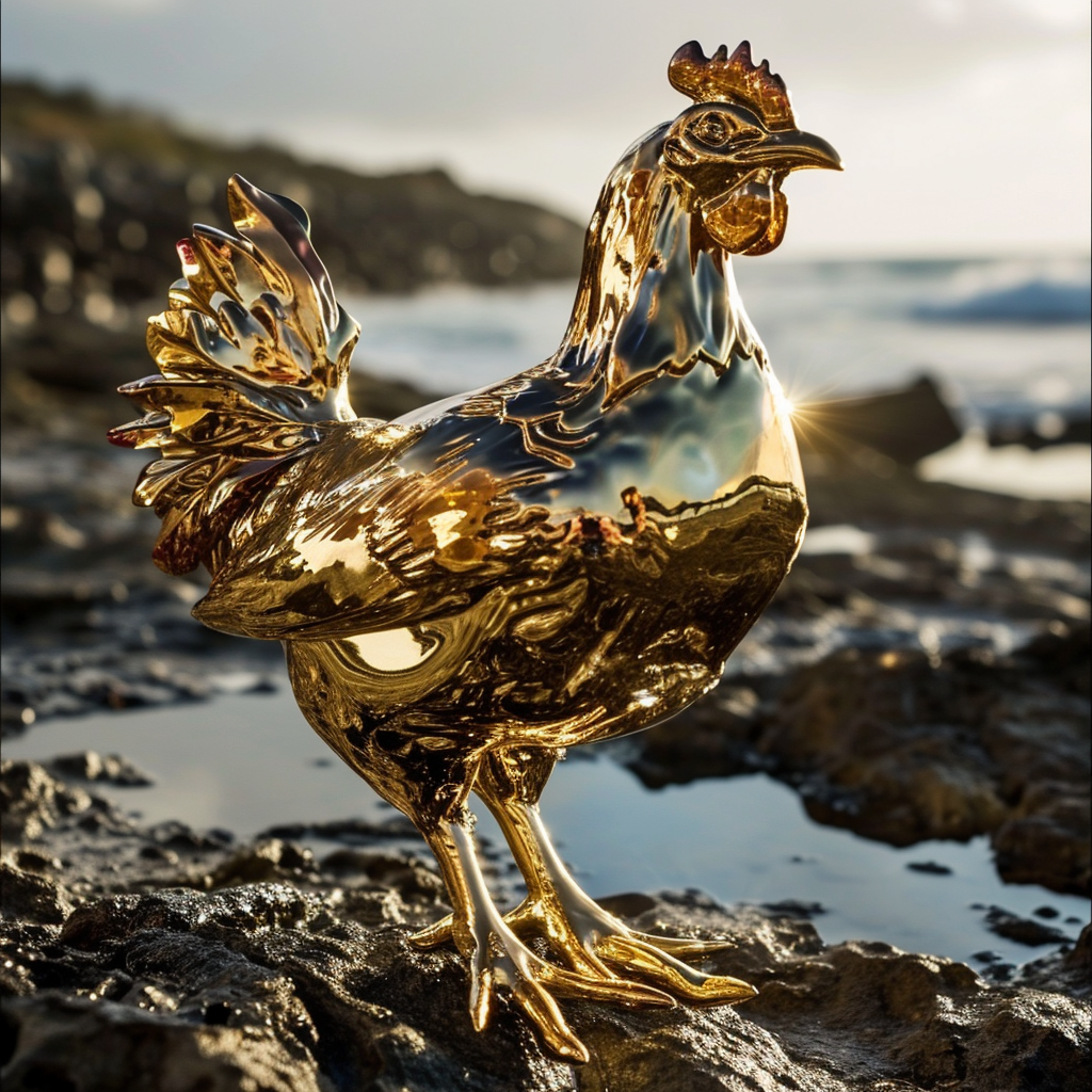 intricate golden chicken sculpture