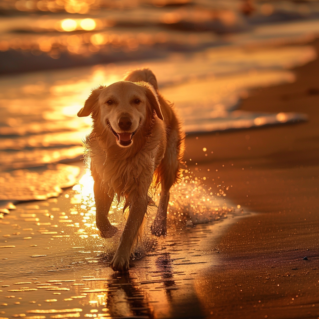 Golden dog running on beach