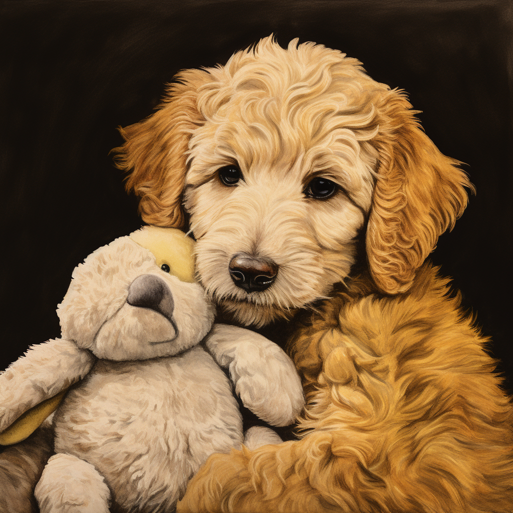 Playful golden doodle with lamb toy