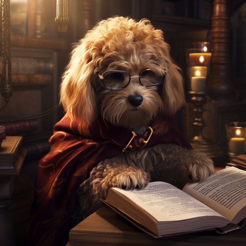 Adorable Golden Doodle Reading Book in Gryffindor House