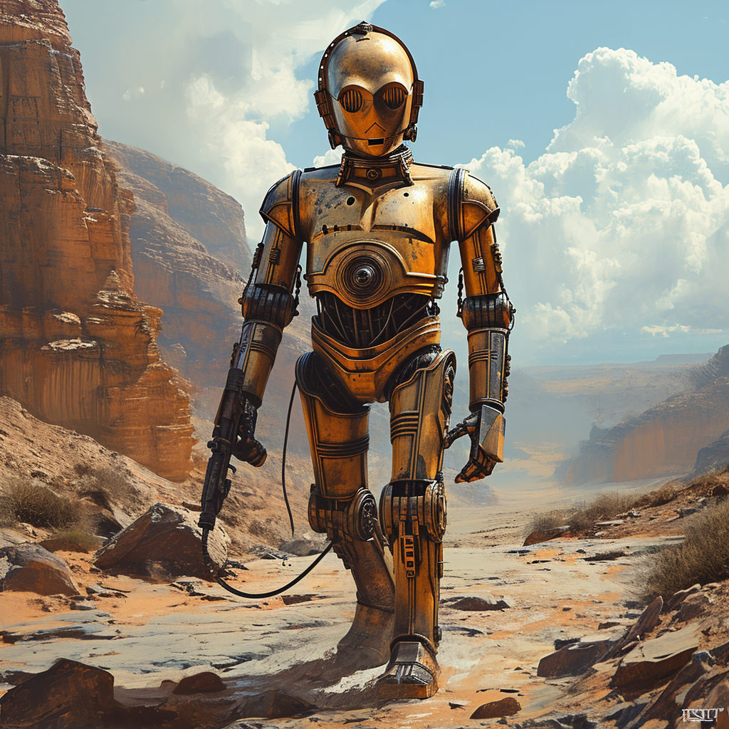 Golden droid walking in desert