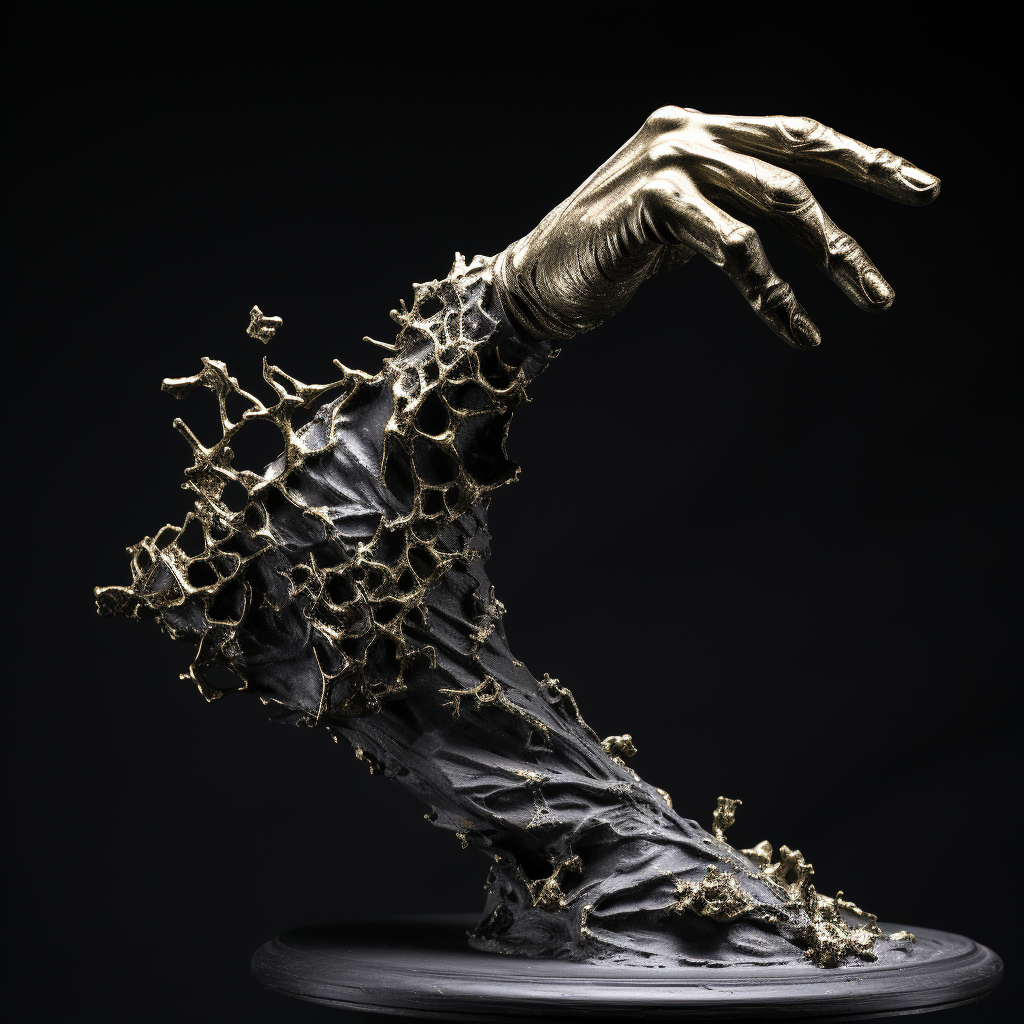 Black and white sculpture hand with golden dust