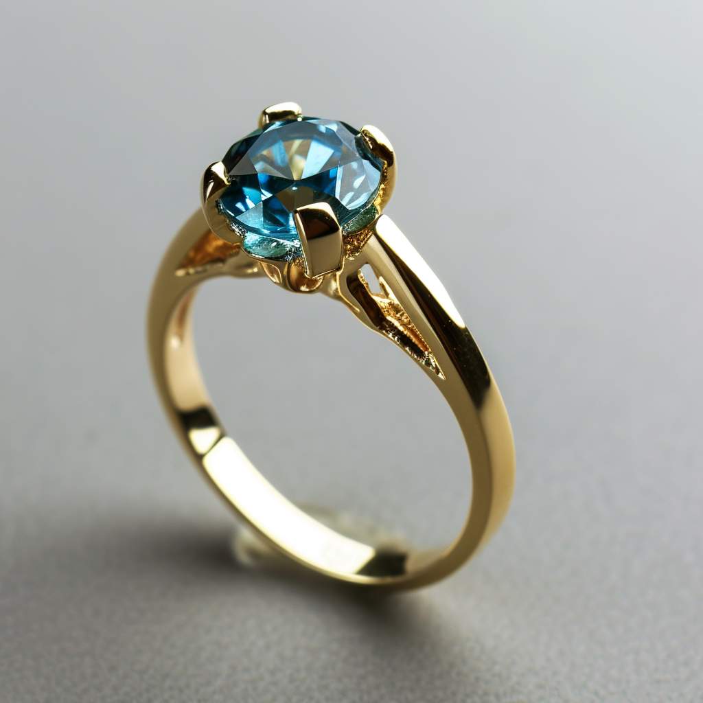 Golden engagement ring with blue diamond on light grey background