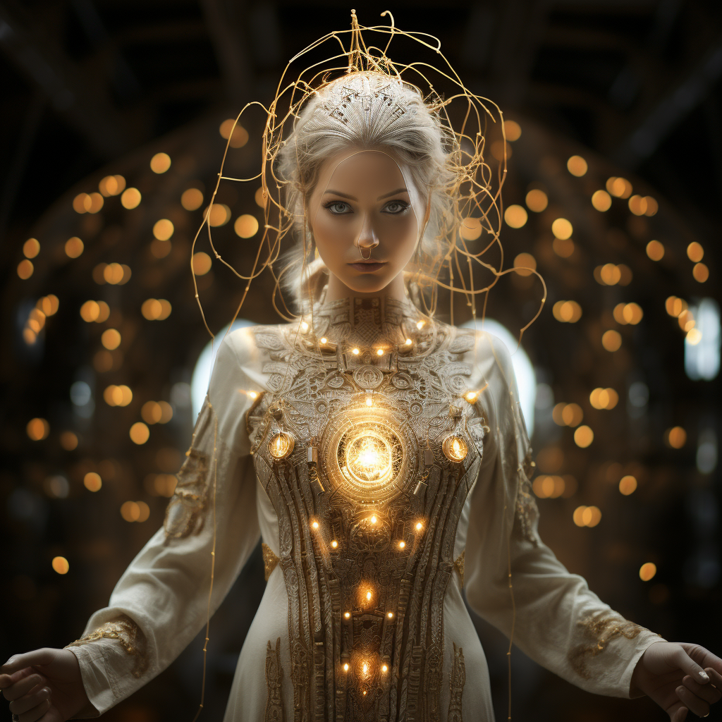 Golden Female Futuristic Doctor with Runic Embroideries