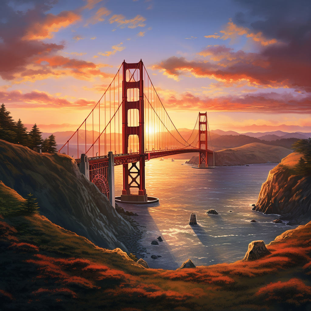 Hyperrealistic painting of Golden Gate Bridge at sunset