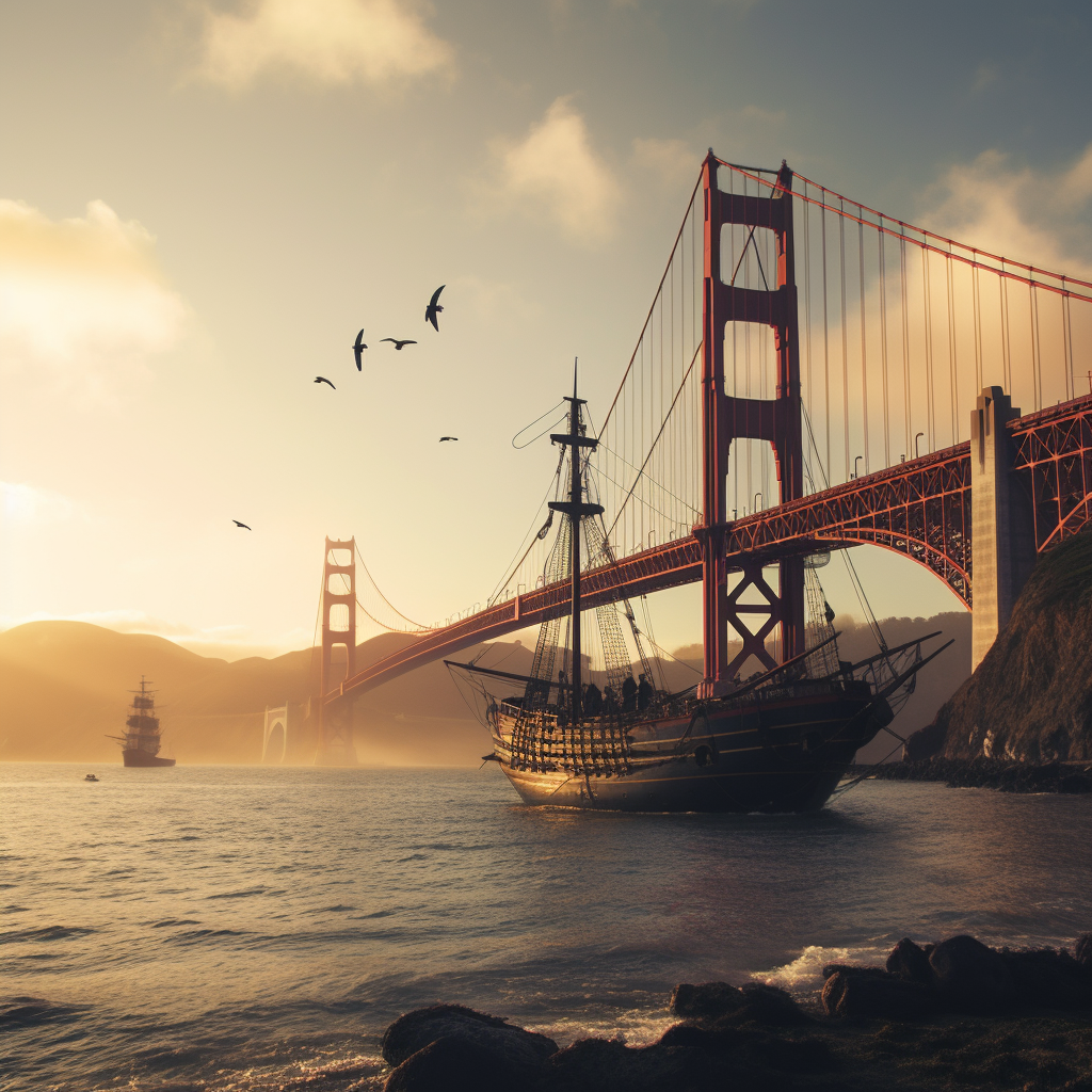 Golden Gate Bridge at sunset with pirate ship