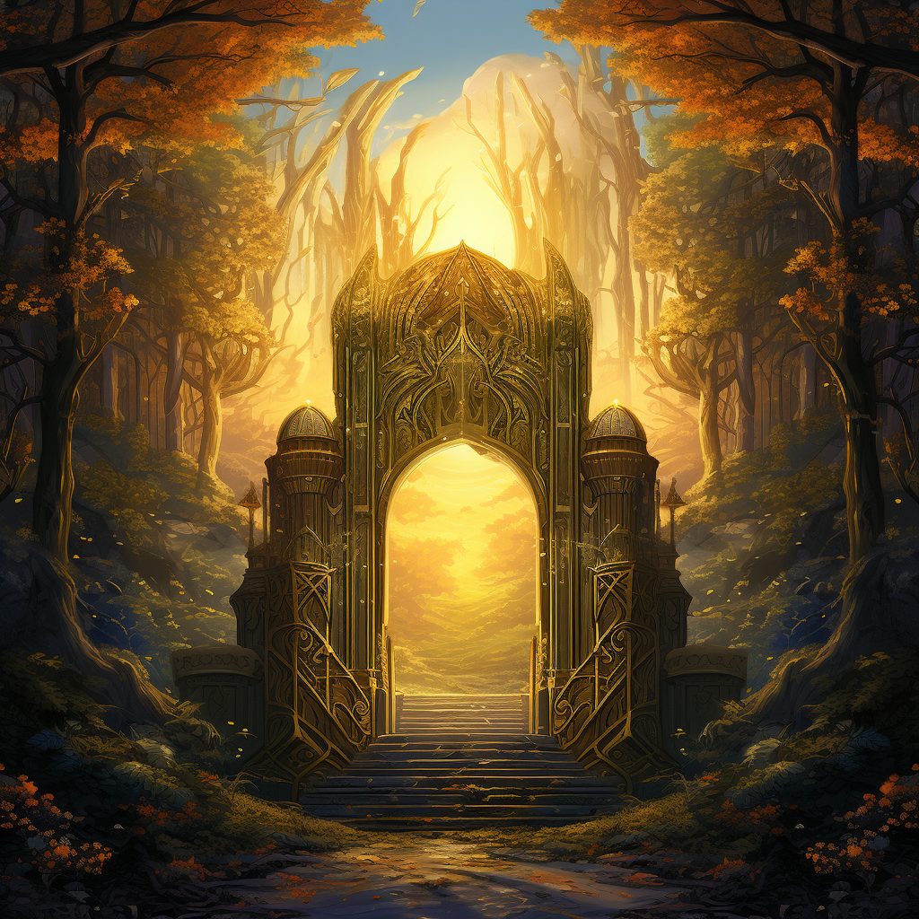 Beautiful art noveau golden gate in forest