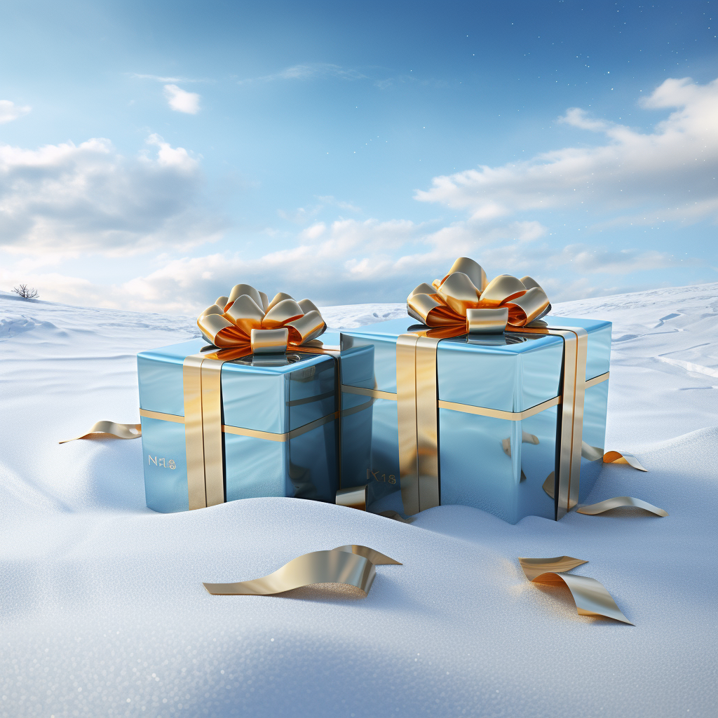 Golden gift tapes on snow with blue cyan shades