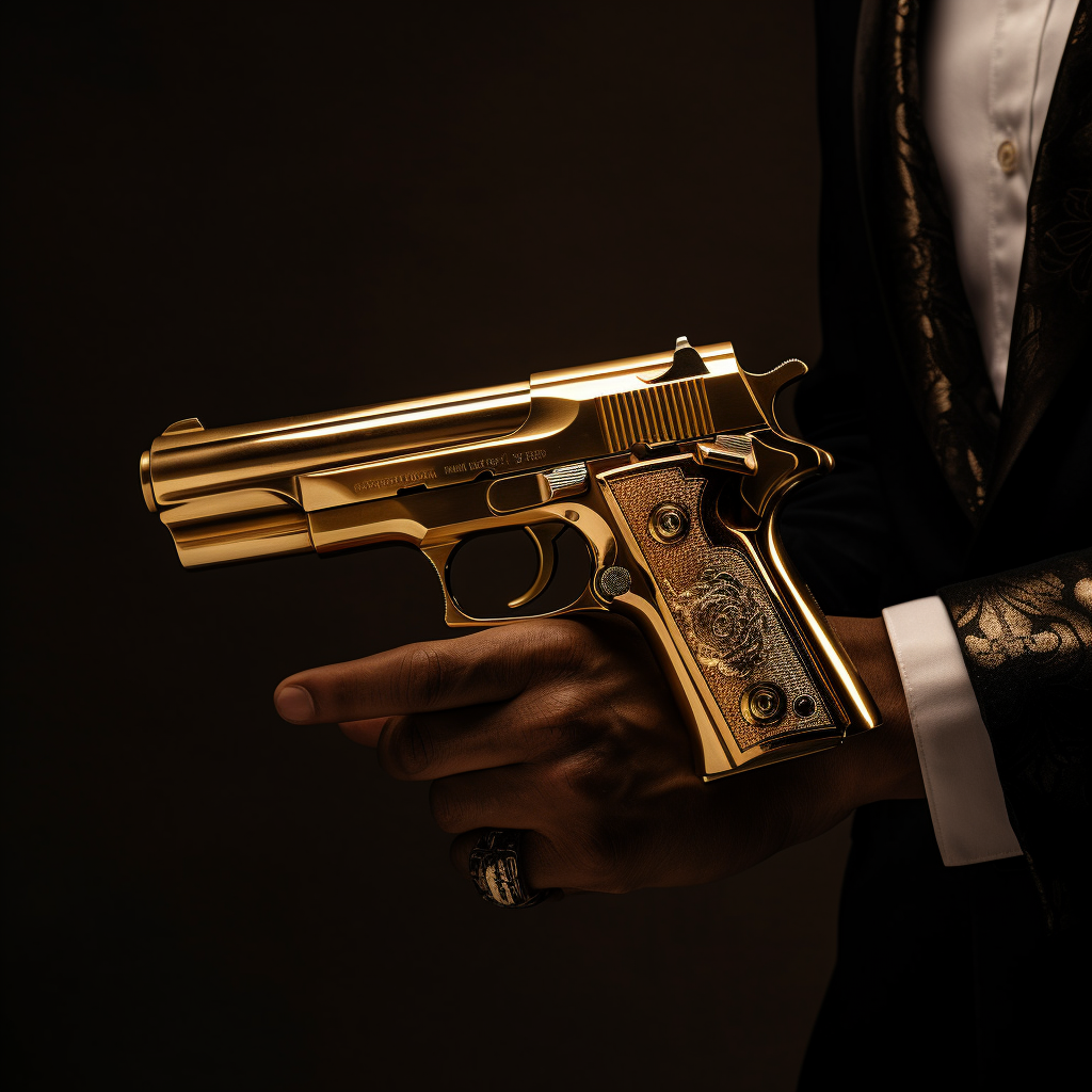 Realistic golden hand holding gold gun