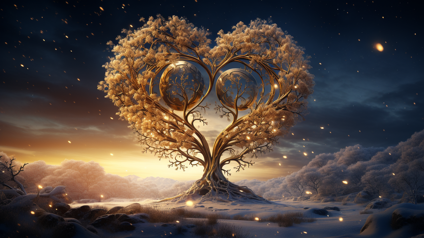 Beautiful golden heart shaped tree in snowy cosmos