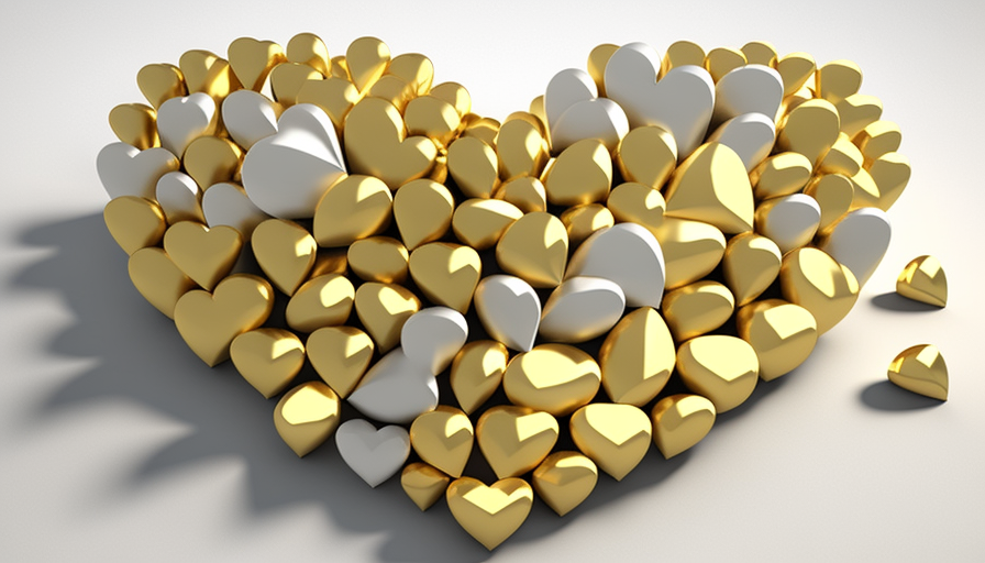 Small golden hearts on white background