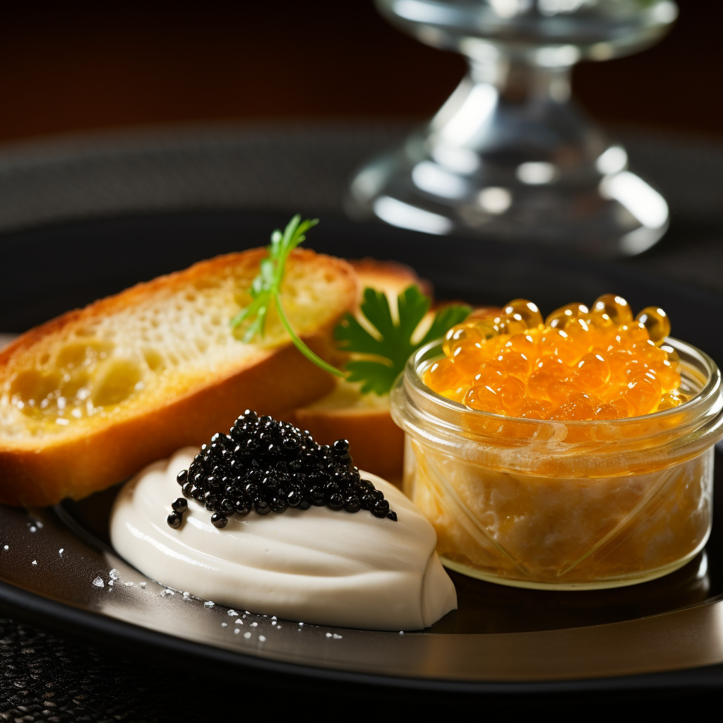 Exquisite golden kaluga caviar with traditional garnish