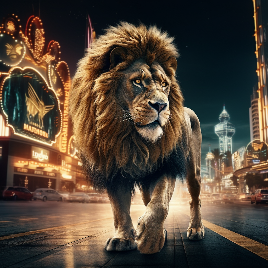 Golden lion walking through Las Vegas at night