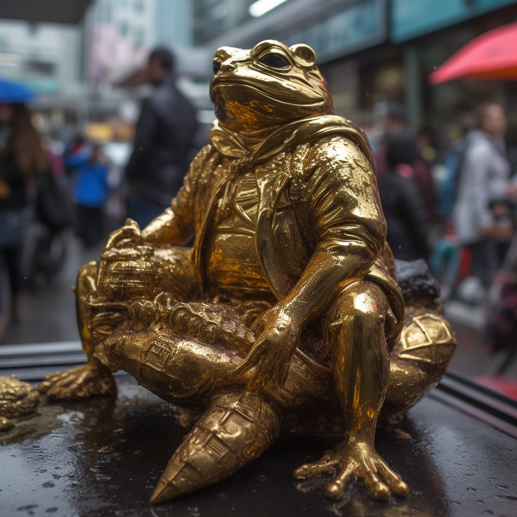 Golden man riding frog window display